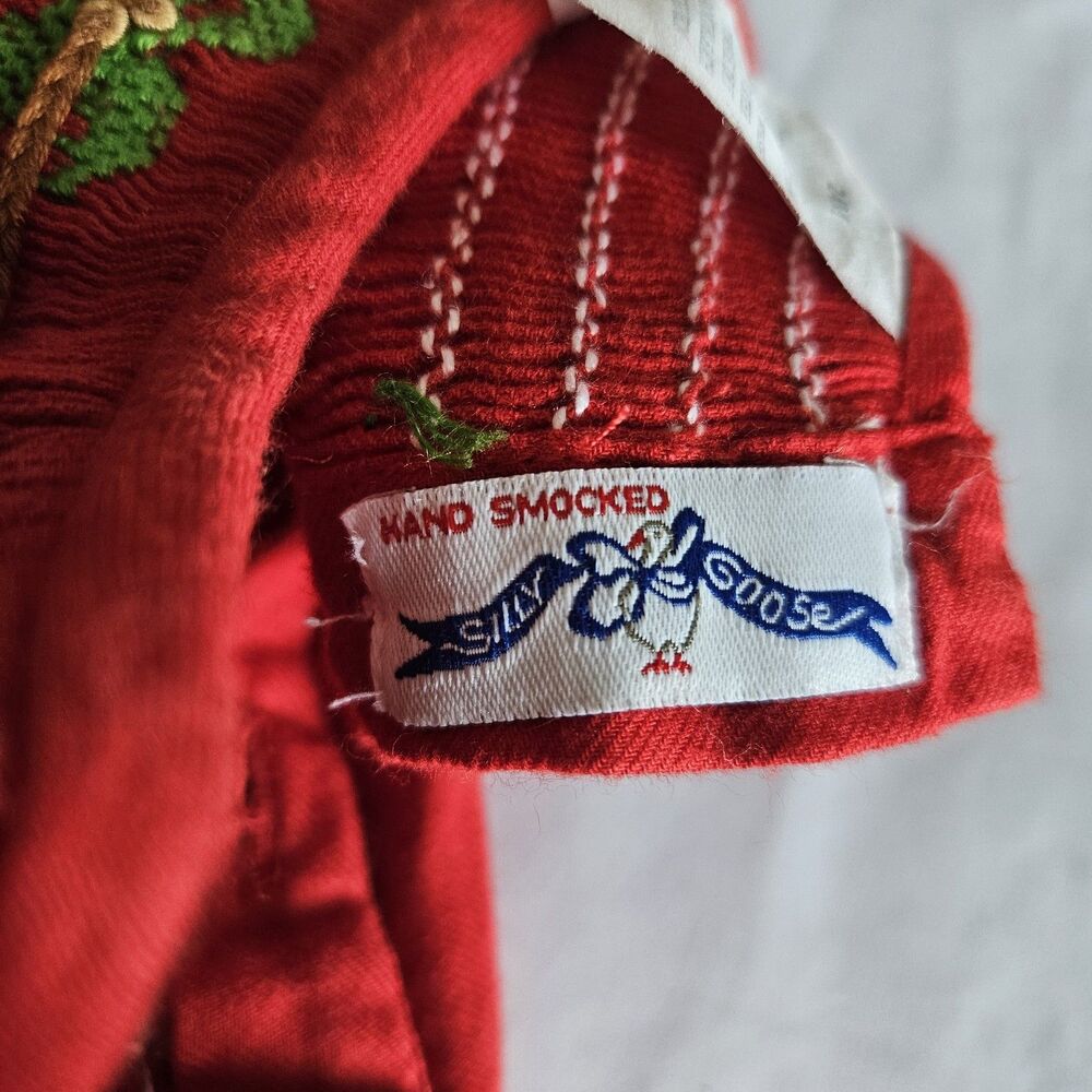 Vintage Silly Goose Hand Smocked Monkey Palm Tree Dress Red Green Ricrac 24M - Picture 10 of 10